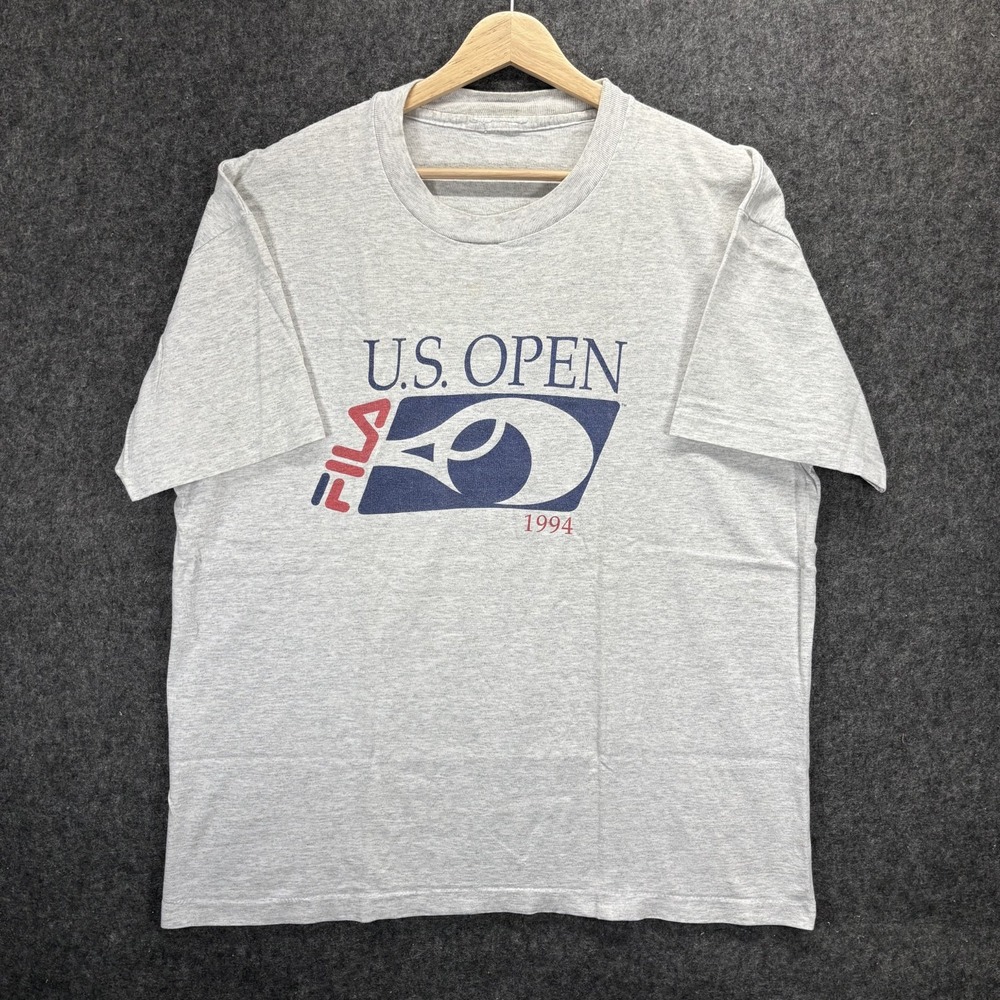 1994 US Open Fila T-Shirt Gray Short Sleeve Tennis Cotton Single Stitch 22.5x28